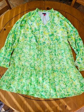 Vince Camuto Green and Yellow Floral V-Neck Dress